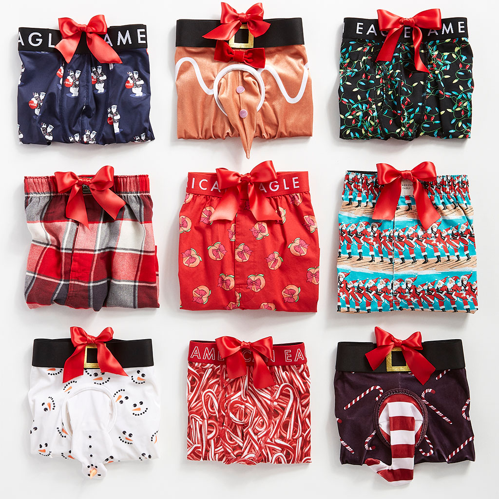 american eagle men's holiday and christmas boxers folded with a bow