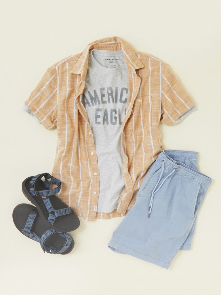 american eagle shirt, graphic tee, and jogger shorts