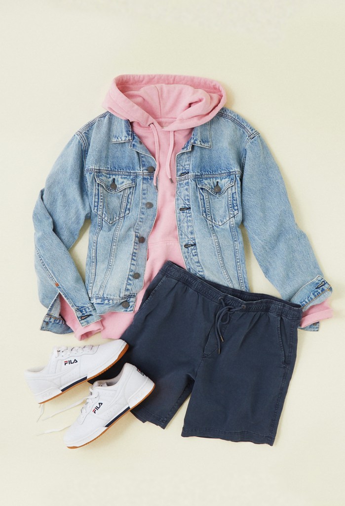 american eagle denim jacket, hoodie, and jogger shorts