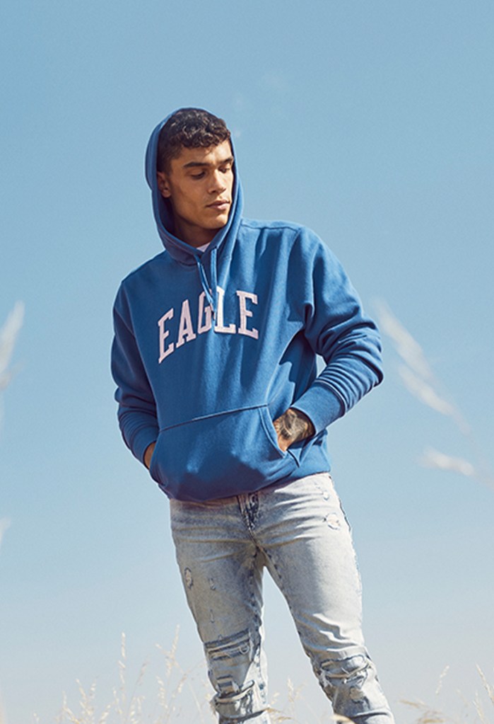 guy wearing American Eagle jeans and a blue hoodie