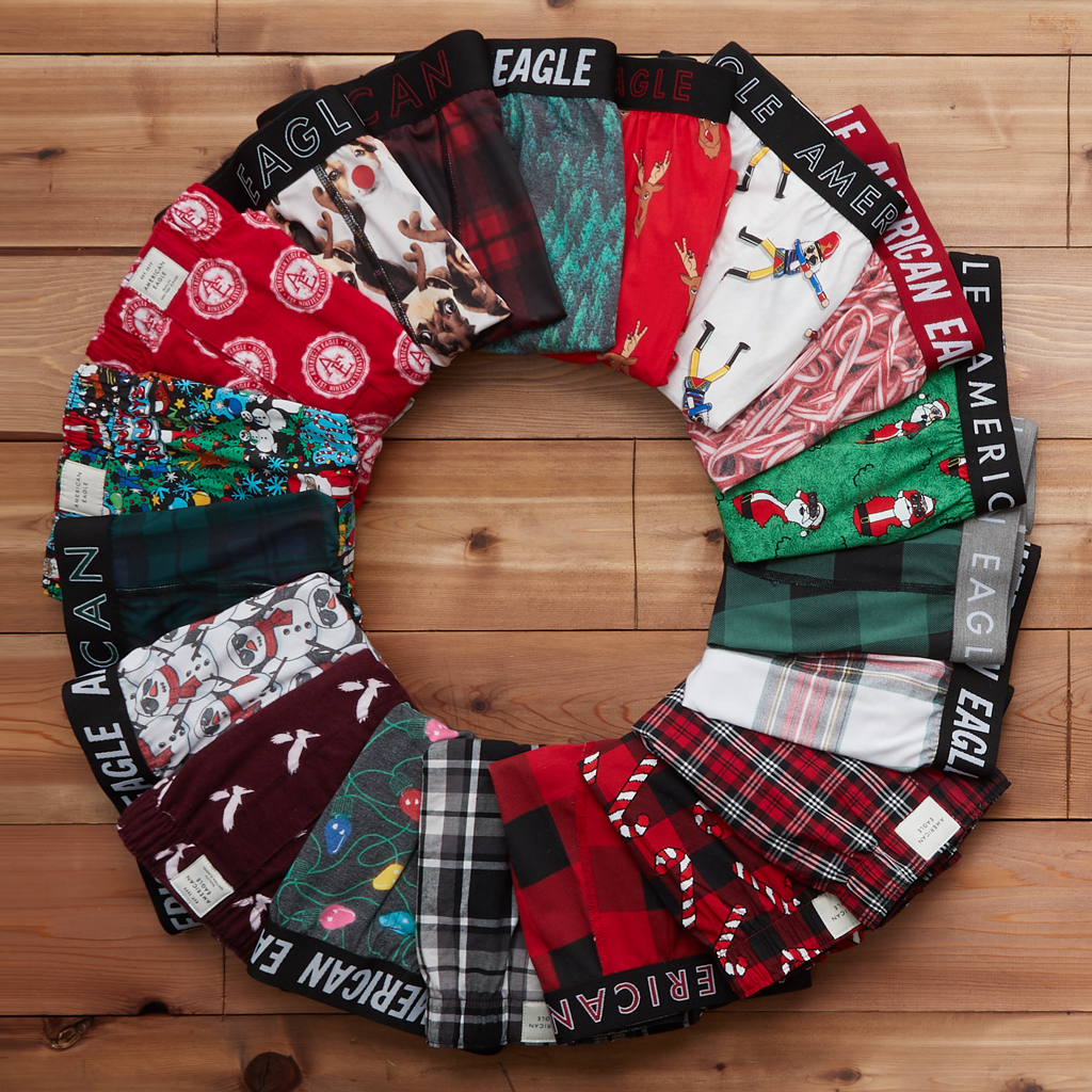 American Eagle Christmas boxers formed in the shape of a wreath