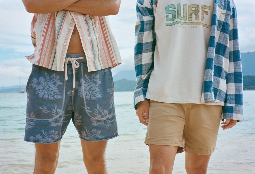 cropped close up image of two guys wearing American Eagle 5 inch shorts and layered shirts