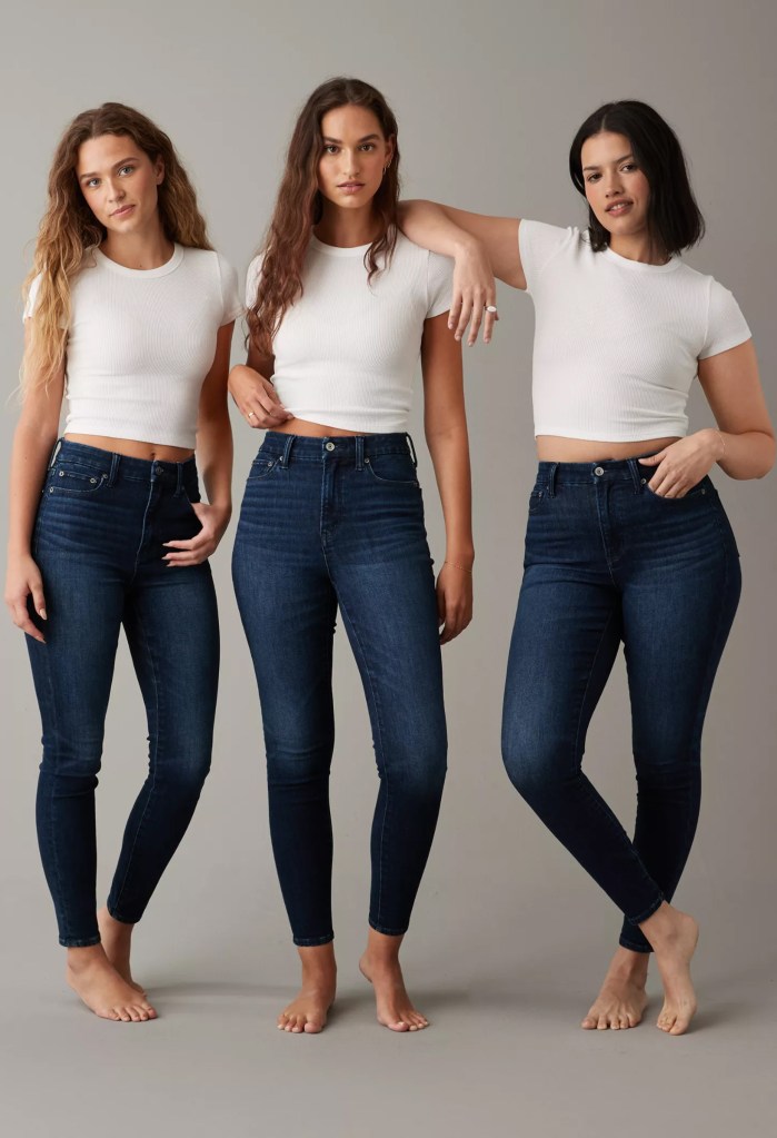 three models wearing dark wash American Eagle BFF Best Fit Forever jeggings with white cropped tshirts