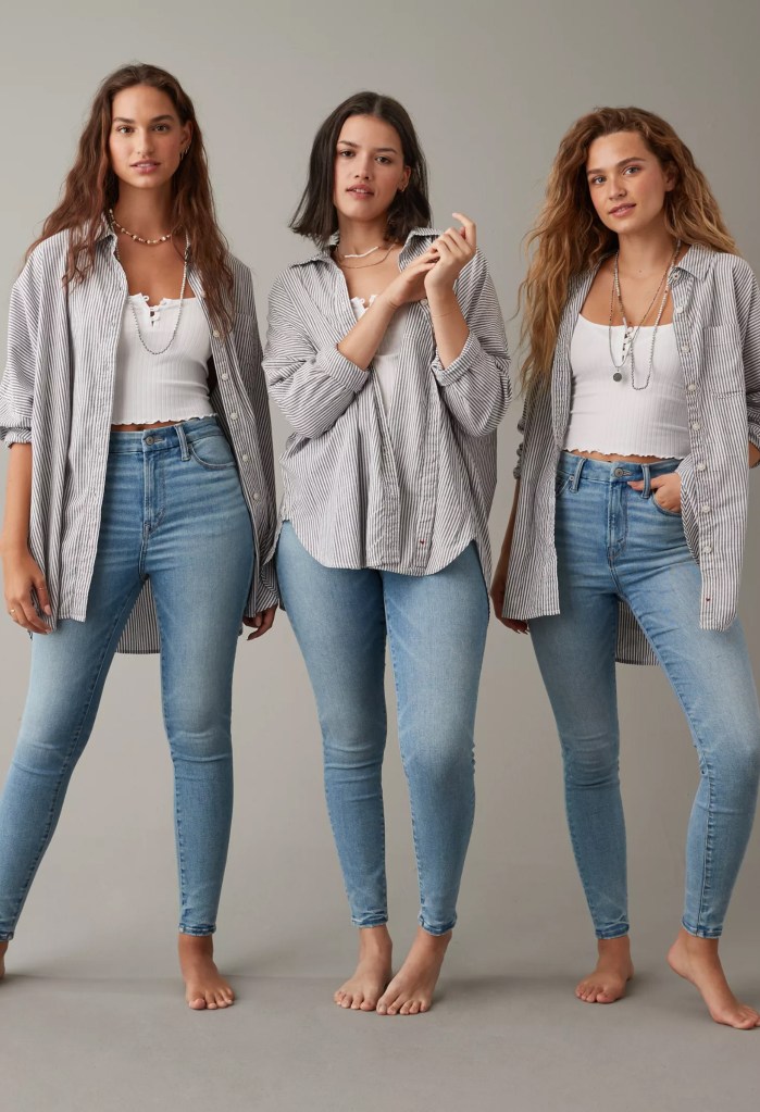 three models wearing light wash American Eagle Best Fit Forever BFF jeggings with white tank tops and gray button up shirts