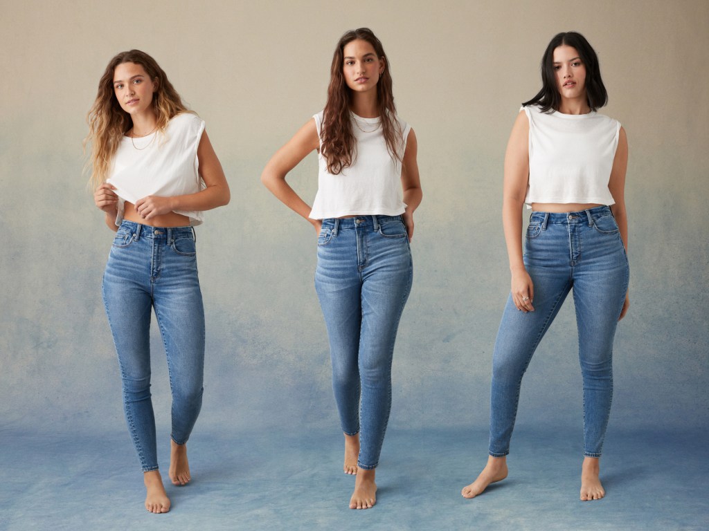 three models wearing light wash American Eagle Best Fit Forever BFF Jeggings and white tank tops