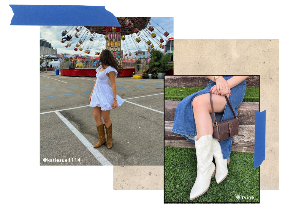 girl wearing a white dress and cowboy boots and another girl wearing a denim dress with cowboy boots from American Eagle