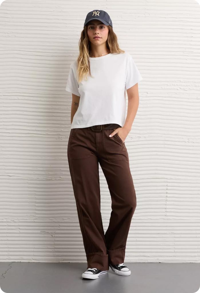woman wearing a casual tshirt and straight-leg pants office outfit from American Eagle