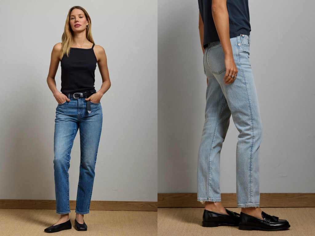 girl wearing medium wash cigarette jeans and a black tank top