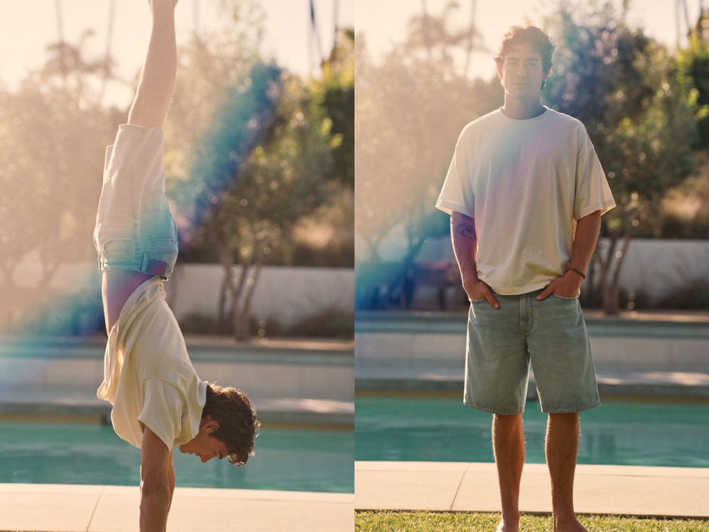 guy wearing baggy jorts and a white tshirt from American Eagle