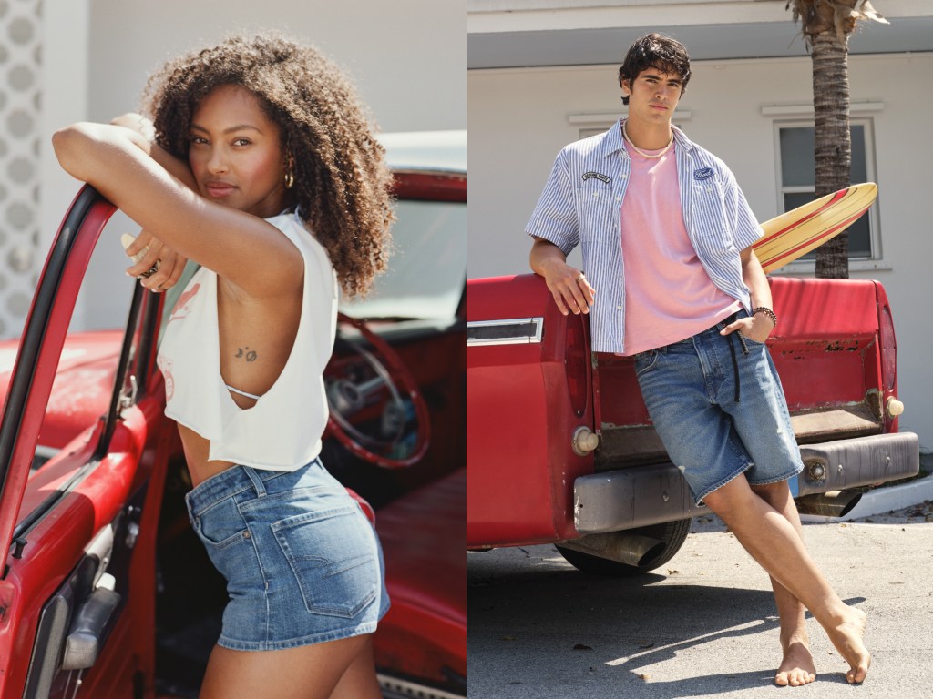 guy and girl wearing red, white, and blue 4th of july outfits from american eagle