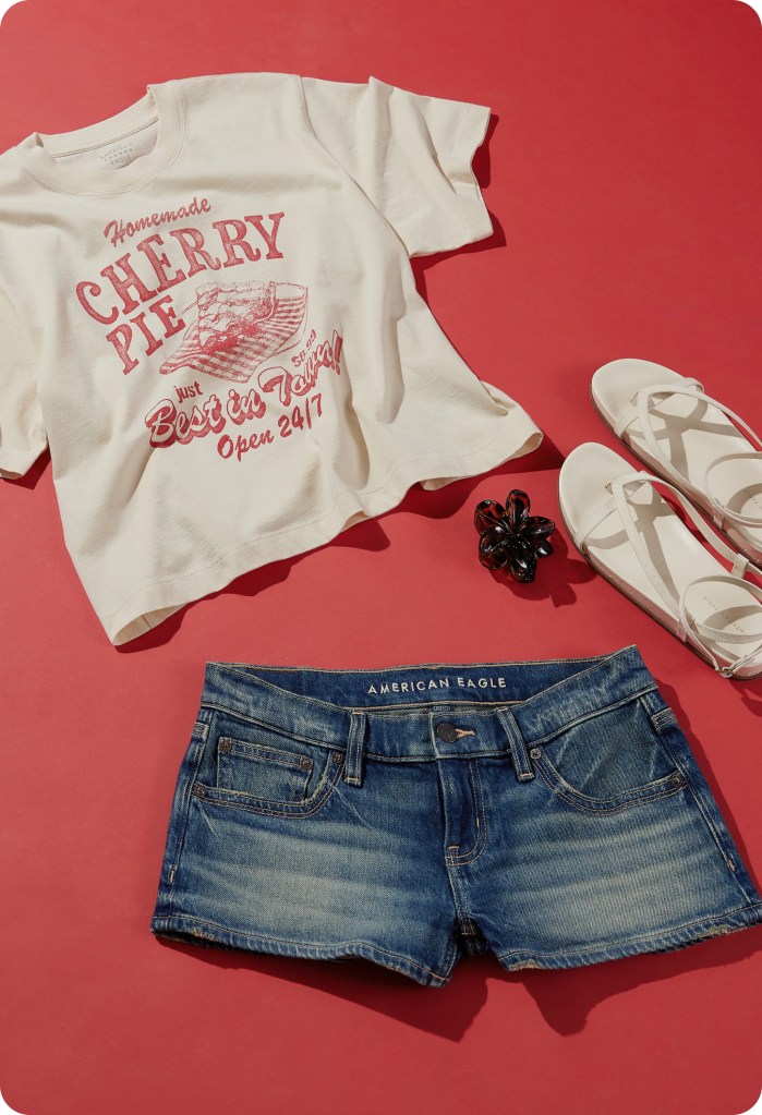 patriotic graphic tee and dark wash denim shorts from american eagle