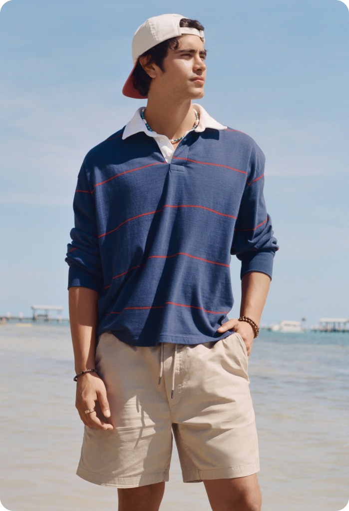 guy wearing a red, white, and blue outfit of blue and red rugby shirt and khaki shorts from american eagle
