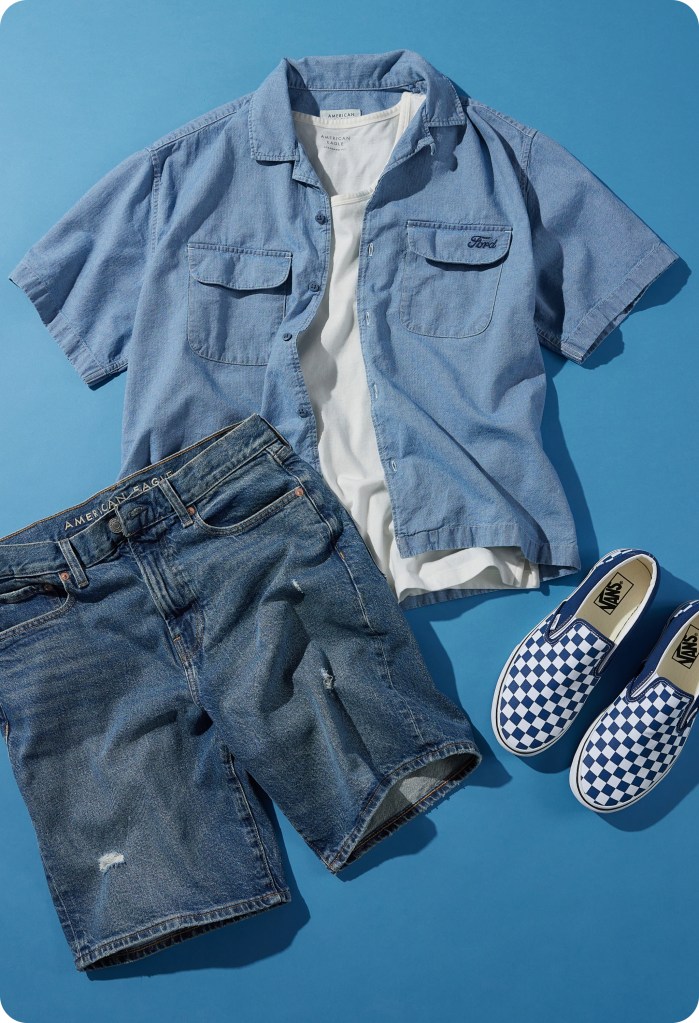 men's blue button up with jorts from american eagle for summer