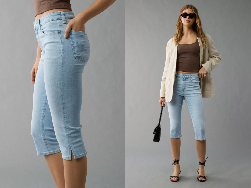 girl wearing capri jeans and a black tank top from american eagle
